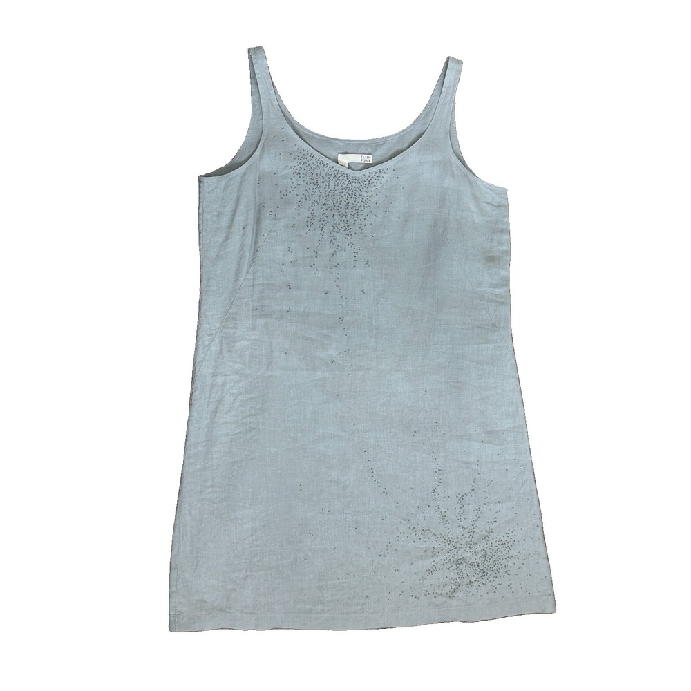 Eileen Fisher Sz 12 Gray Irish Linen Sleeveless Dress Embellished Beaded Lined
